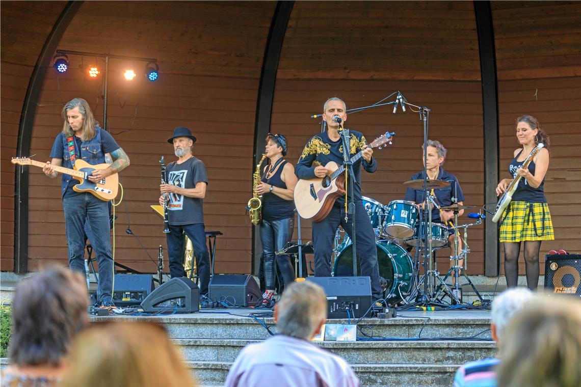 Die Band Manny präsentiert bei ihrem Konzert am Julius-Söhnle-Pavillon im Stadtpark nicht nur ihre musikalische Vielseitigkeit, sondern auch spannende und aussagekräftige Texte. Foto: Stefan Bossow