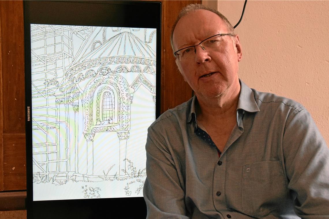 Gerade das Baugerüst macht die Stadtkirche spannend Matthias Beckmann interessiert sich auch für alltägliche Details, die Kontrapunkte zu prägenden Strukturen setzen wie beispielsweise eine Stadtkirche, die eingerüstet ist. Foto: E. Klaper