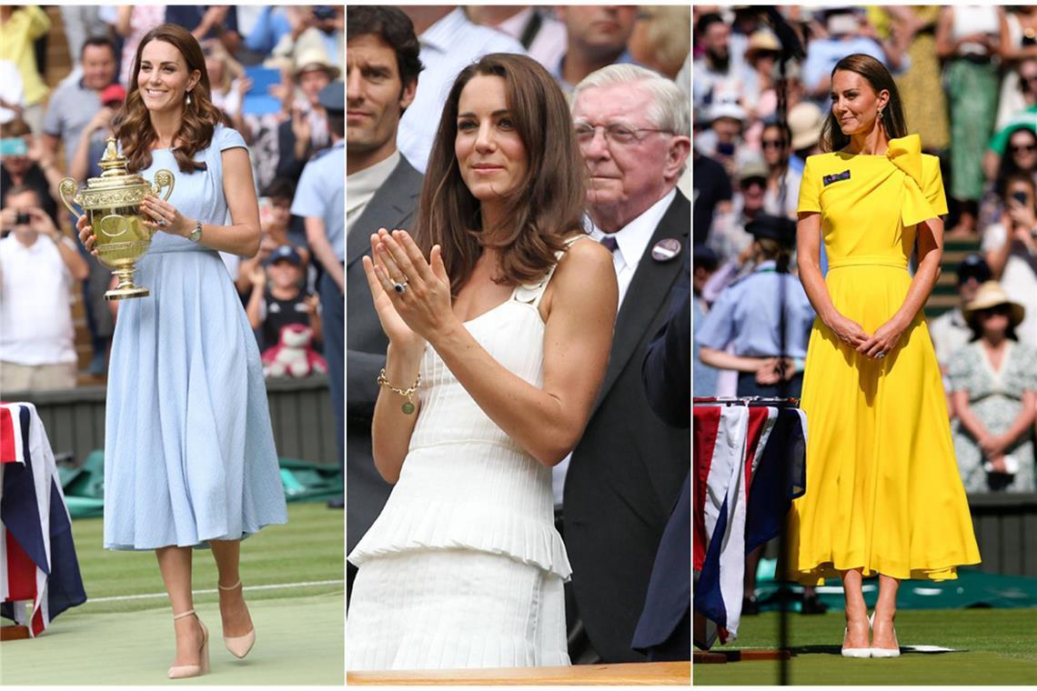 2011 (Mitte) besuchte Kate zum ersten Mal Wimbledon als Herzogin – in dezentem Weiß. Mit der Zeit traute sie sich auch an kräftigere Farben.