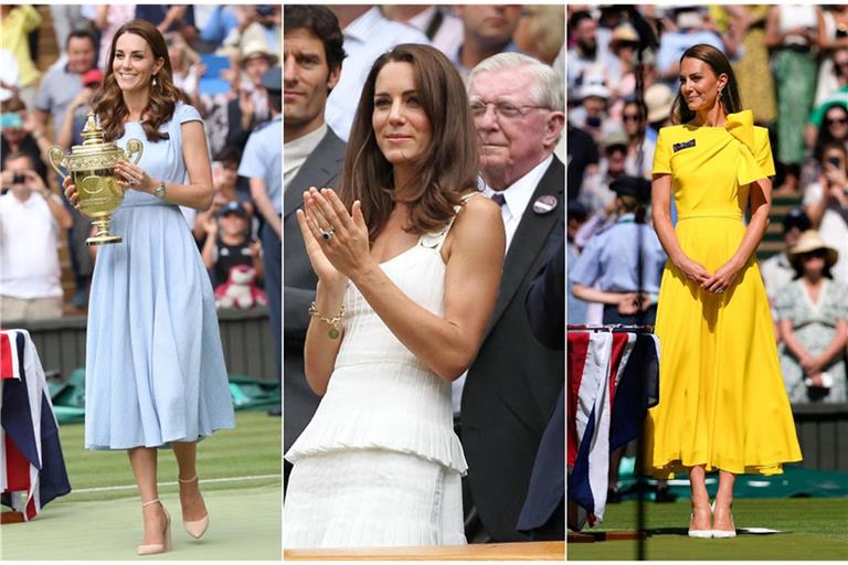 2011 (Mitte) besuchte Kate zum ersten Mal Wimbledon als Herzogin – in dezentem Weiß. Mit der Zeit traute sie sich auch an kräftigere Farben.