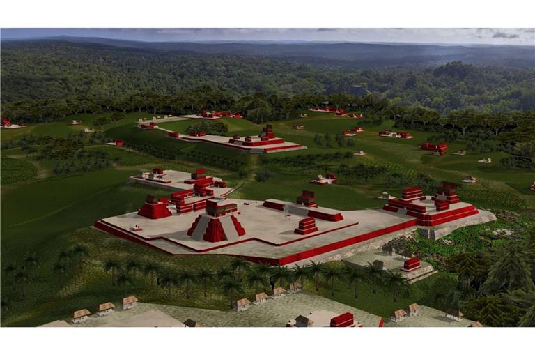 3D-Gesamtansicht der neuentdeckten Maya-Stätte „ Los Abuelos“ nahe den archäologischen Parks von Tikal und Uaxactún in der Provinz Petén in Guatemala.