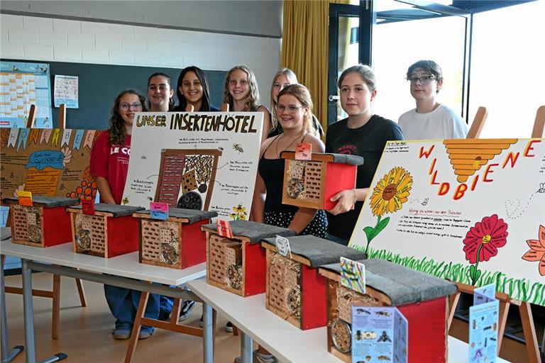 Achtklässler haben sich den ganz Kleinen gewidmet: In ihrem Projekt rund um Insekten sind auch Insektenhotels mit recycelten Materialien entstanden. Foto: Elisabeth Klaper