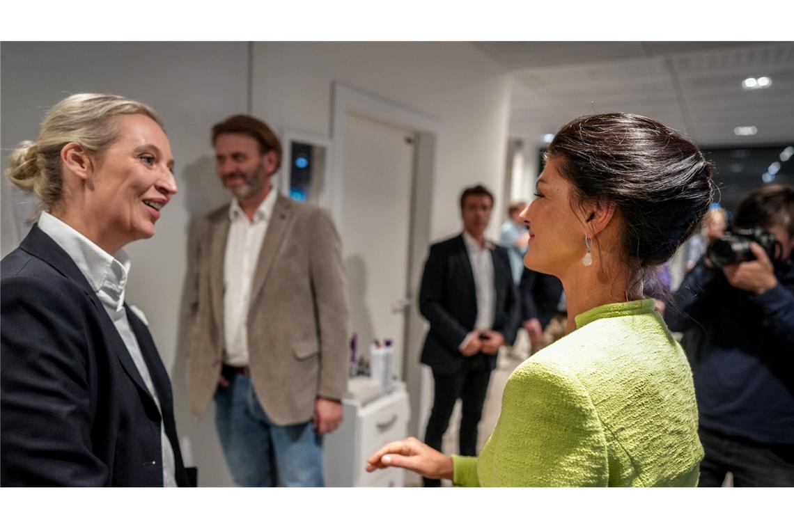 BSW-Chefin Wagenknecht will Brandmauer zur AfD einreißen AfD-Chefin Alice Weidel und BSW-Gründerin Sahra Wagenknecht hatten sich im Herbst 2024 beim Sender "Welt" zum TV-Duell getroffen. Gespräche beider Parteien befürworten beide Seiten. (Archivbild)