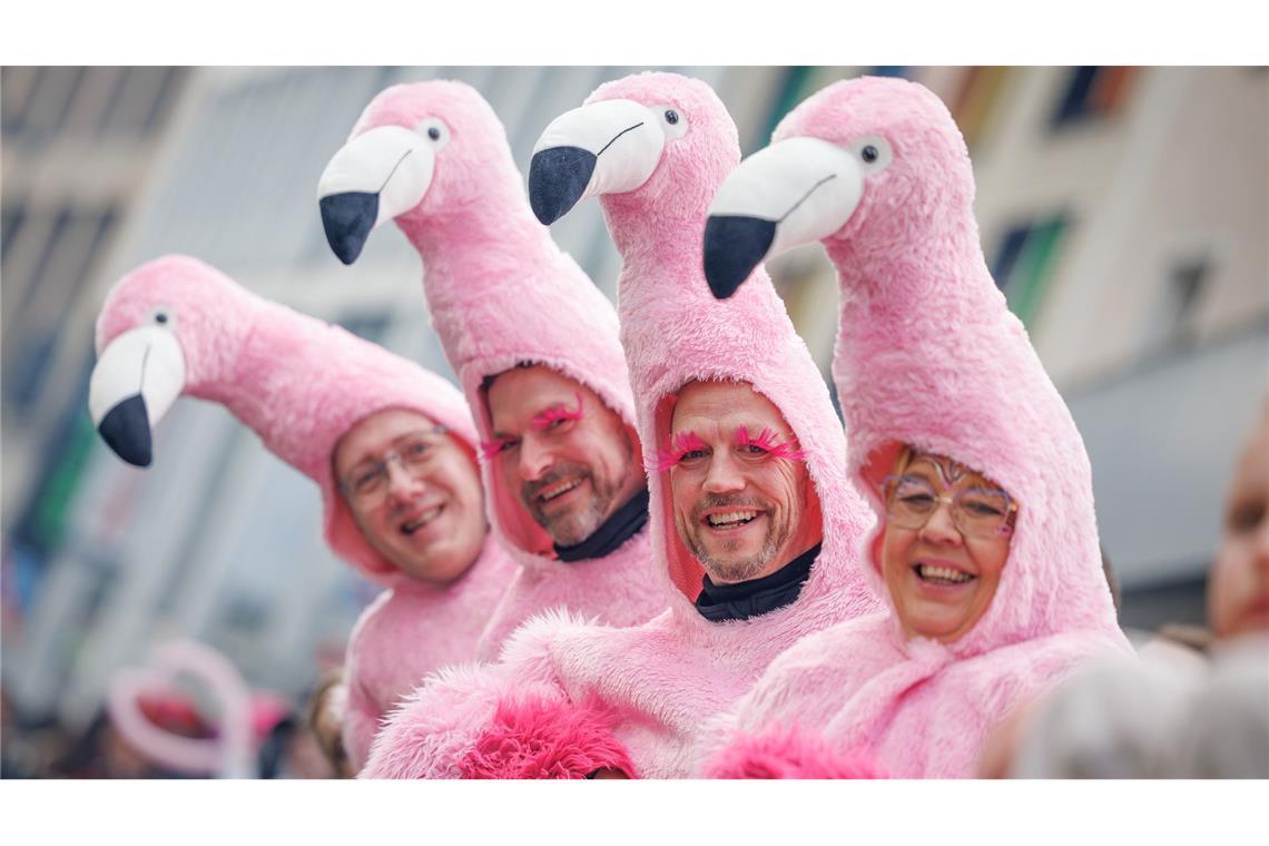 Bilder des Tages Als Flamingos verkleidete Karnevalisten feiern beim Karnevalsumzug "Ossensamstag" in Osnabrück.
