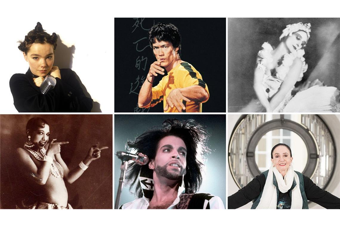 Alte und neue Ikonen, die zum Auftakt des nächsten Colours-Festivals im Rampenlicht stehen: Sängerin Björk, Kampfkunststar Bruce Lee (Filmmotiv aus „Enter the Dragon“), Ballerina Anna Pavlova, Stuttgarts Ballettmuse Marcia Haydée, Popstar Prince, Revuetänzerin Josephine Baker (von links oben im Uhrzeigersinn)