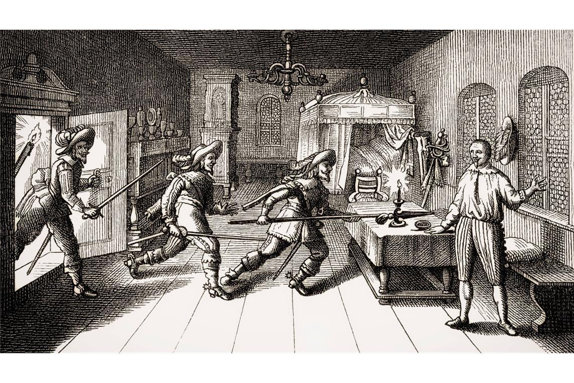 Albrecht von Wallenstein wird von kaiserlichen Offizieren in Eger ermordet Am 25. Februar 1634 wird der abgesetzte kaiserliche Generalissimus Albrecht von Wallenstein von kaisertreuen Offizieren in Eger ermordet (Kupferstich eines anonymen Meisters).