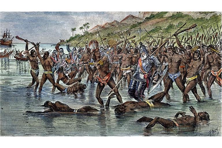 Am 28. April 1513 wird Ferdinand Magellan (Mi. mit weißem Bart) auf der zu den Philippinen gehörenden Insel Mactan im Kampf mit Einheimischen getötet.