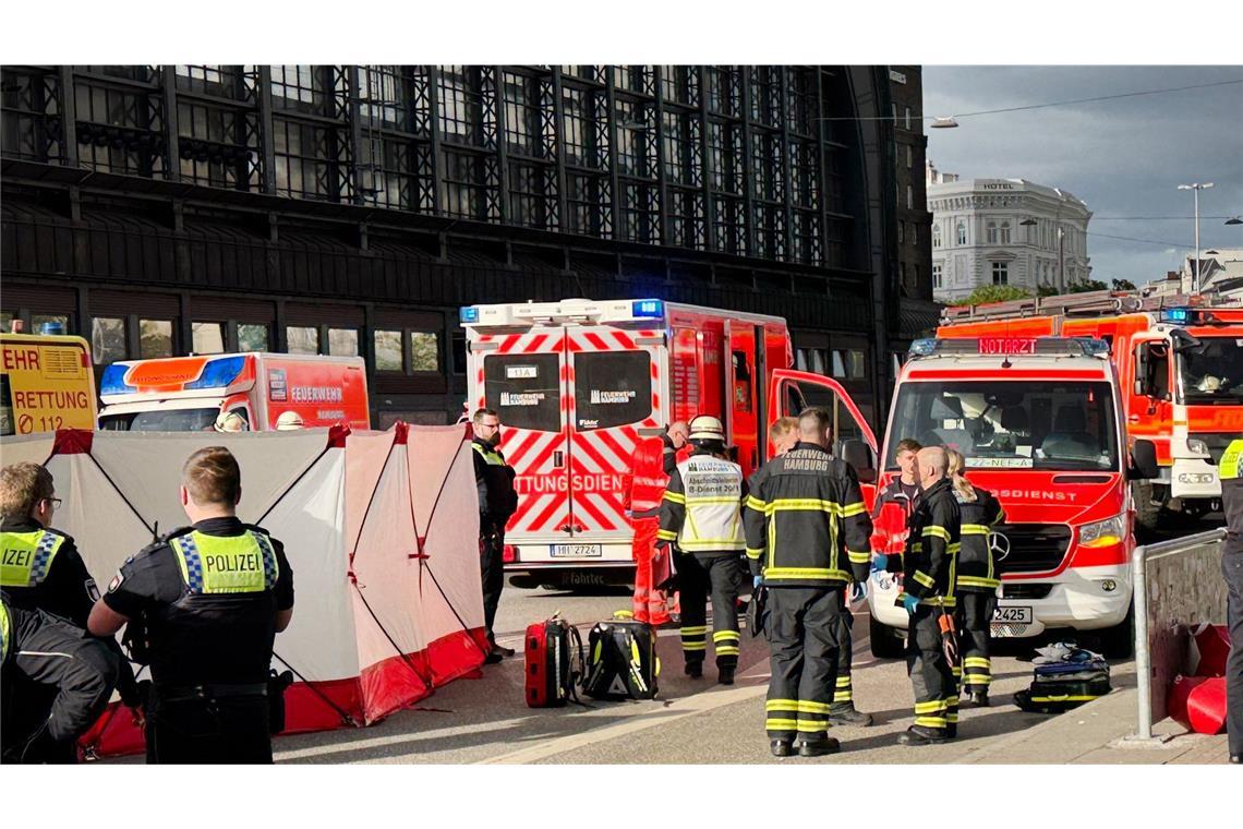 Merz bestürzt über Messerangriff in Hamburg mit vielen Verletzten Am Hamburger Hauptbahnhof, wo mehrere Menschen mit Messerstichen verletzt wurden, arbeiten Einsatzkräfte am Tatort.