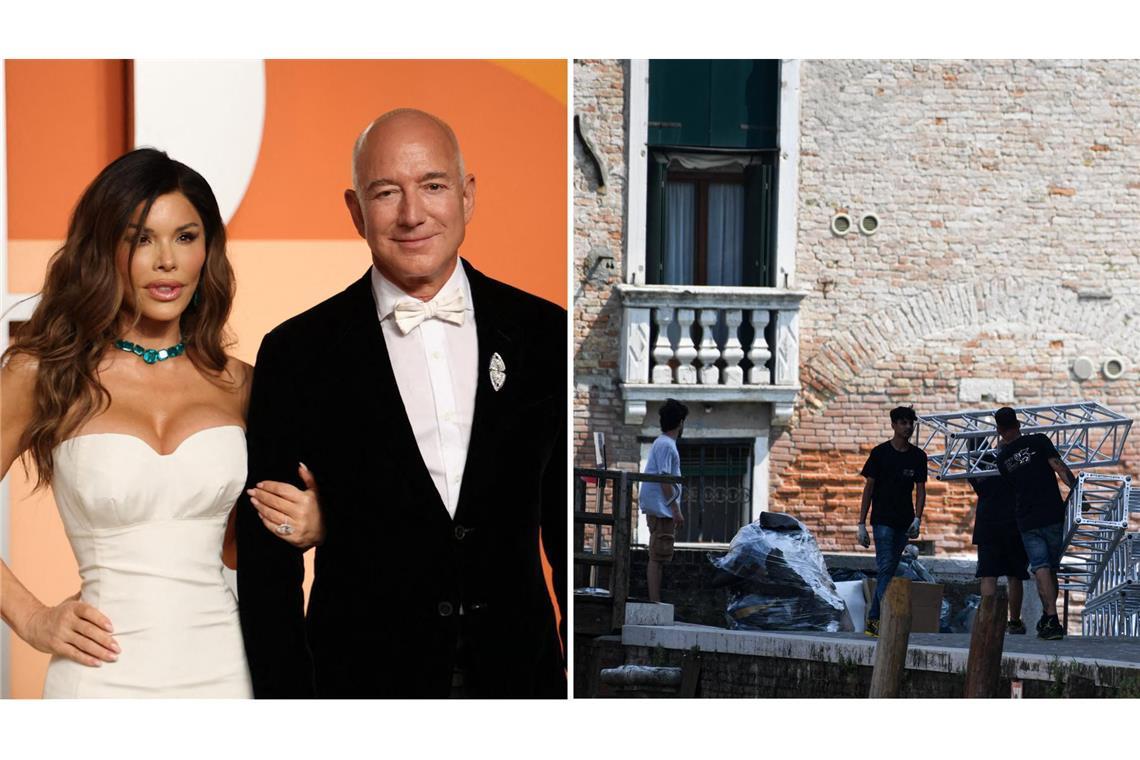 Sie müssen kurzfristig ihre Hochzeitslocation ändern An der Scuola Grande della Misericordia wurde am Montag noch aufgebaut (rechts), aber nun heißt es, Jeff Bezos und Lauren Sánchez müssten ihre Pläne ändern.