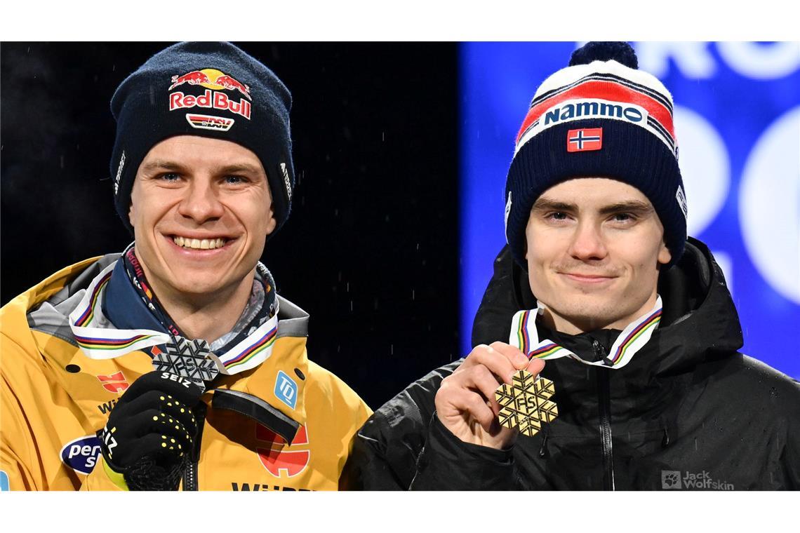 Eisenbichler feiert und sieht Weltrekord: "War mein Leben" Andreas Wellinger (l) könnte nachträglich noch WM-Gold von Marius Lindvik (r) erhalten.