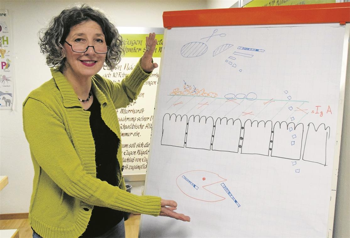 Annette Freder vor einer ihrer Flipchart-Zeichnungen, mit denen sie Aufbau und Funktion der gesunden, sensiblen Darmschleimhaut erklärt. Foto: E. Klaper