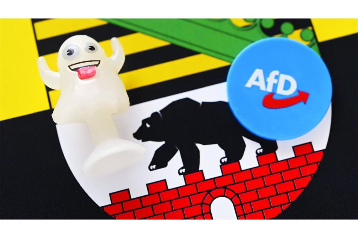 Anstecker der AfD auf dem Landeswappen von Sachsen-Anhalt mit einem Schreckgespenst (Symbolfoto).