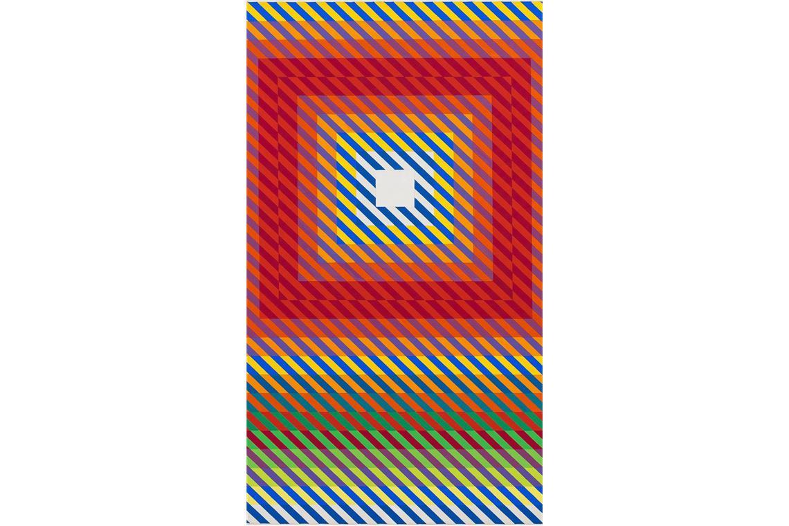 Mit Anton Stankowskis wehenden Farbfahnen ins Kunst-Glück Anton Stankowski, Rotes Quadrat mit Zellen und grünem Band, 1973 (Ausschnitt)