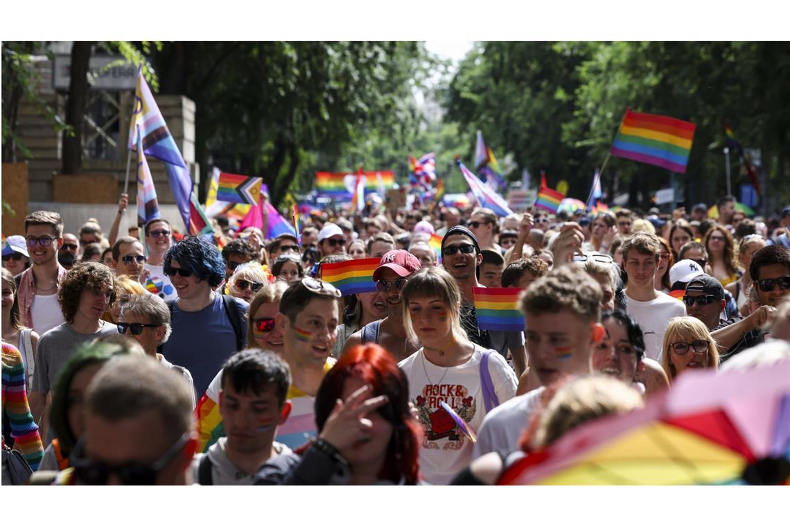 Pride-Parade in Ungarn steht vor Verbot Archivbild: Viele Menschen ziehen im Juni 2024 bei der 29. Pride Parade in Budapest durch die Stadt.