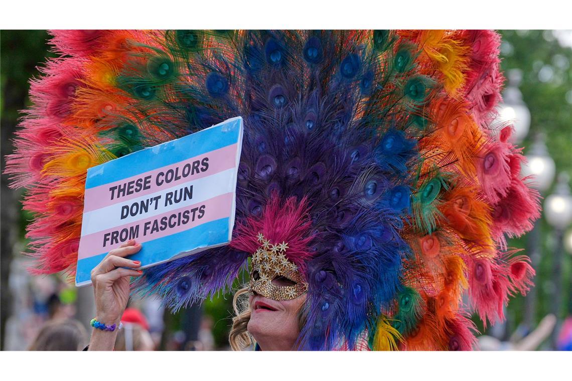 Auf dem Plakat eines Pride-Teilnehmers steht: "Diese Farben verstecken sich nicht vor Faschisten".