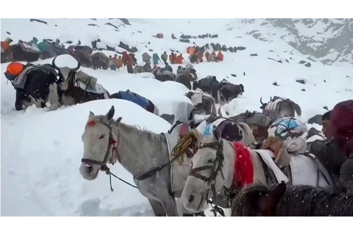 Hunderte Wanderer am Mount Everest in Sicherheit gebracht Auf diesem Foto, das am 4. Oktober 2025 aufgenommen wurde, steigen Dorfbewohner mit ihren Ochsen und Pferden den Berg hinauf, während sie versuchen, Hunderte von Wanderern zu erreichen, die durch den starken Schneefall in den Touristenlagern am Hang des Mount Everest in Tibet eingeschlossen sind.