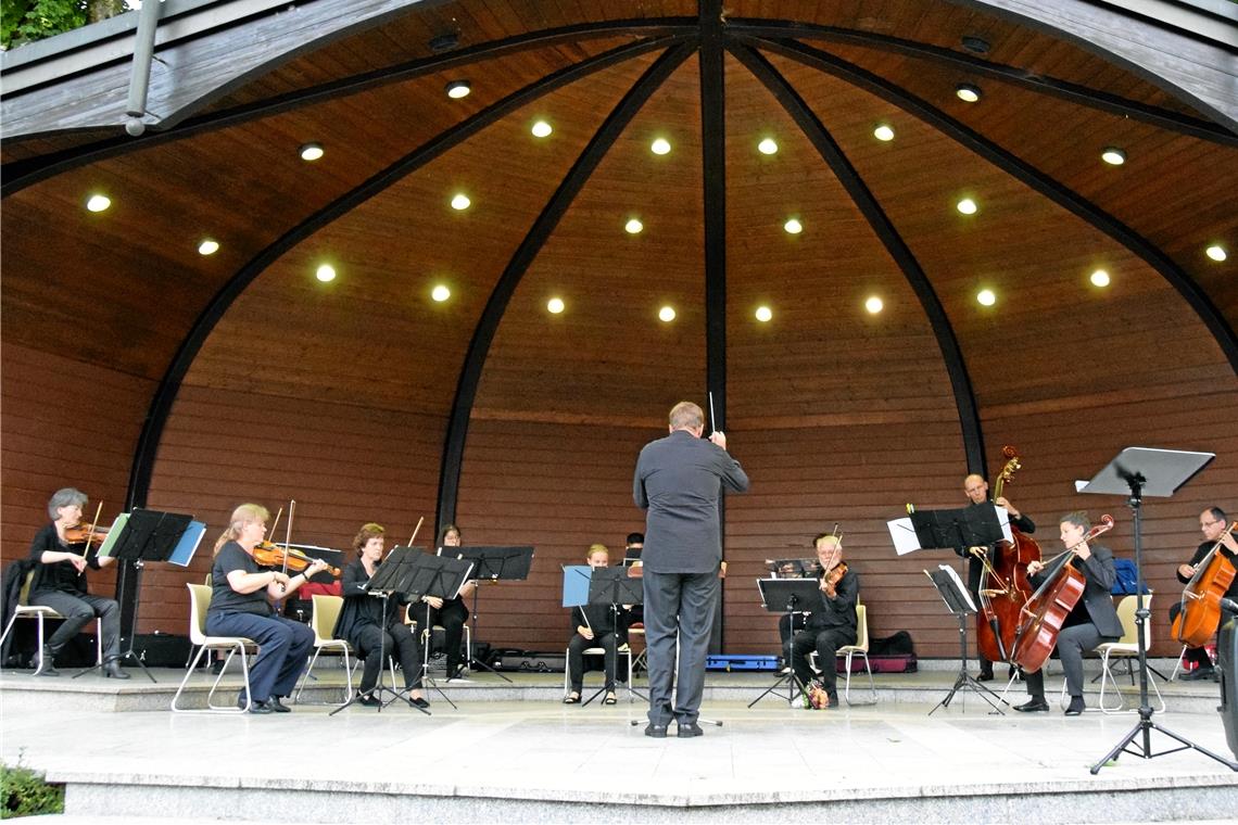 Auf eine Verlegung des Konzerts aufgrund des Wetters konnte verzichtet werden, das Kammerorchester Murrhardt erfreute das Publikum im Söhnle-Pavillon. Foto: E. Klaper