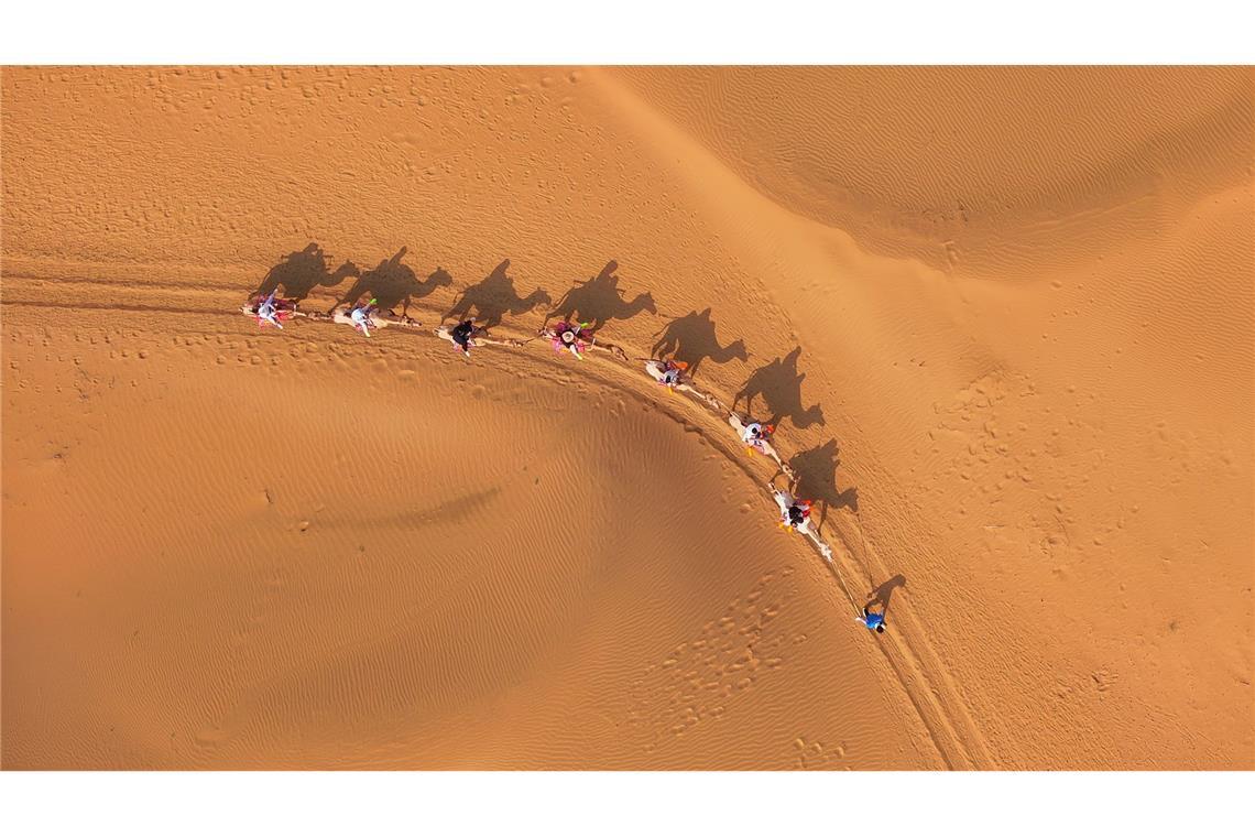 Bilder des Tages Auf Kamelen durch die Wüste im Dalad-Banner der Stadt Erdos in der nordchinesischen Autonomen Region Innere Mongolei.