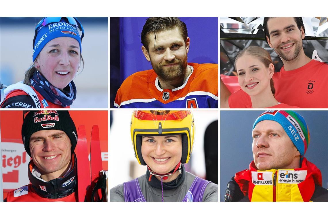 Auf Medaillenkurs: Franziska Preuß, Leon Draisaitl, Minerva Hase/Nikita Volodin (oben von links), Vinzenz Geiger, Julia Taubitz und Francesco Friedrich (unten von links) – weitere Infos gibt es in unserer Bildergalerie.