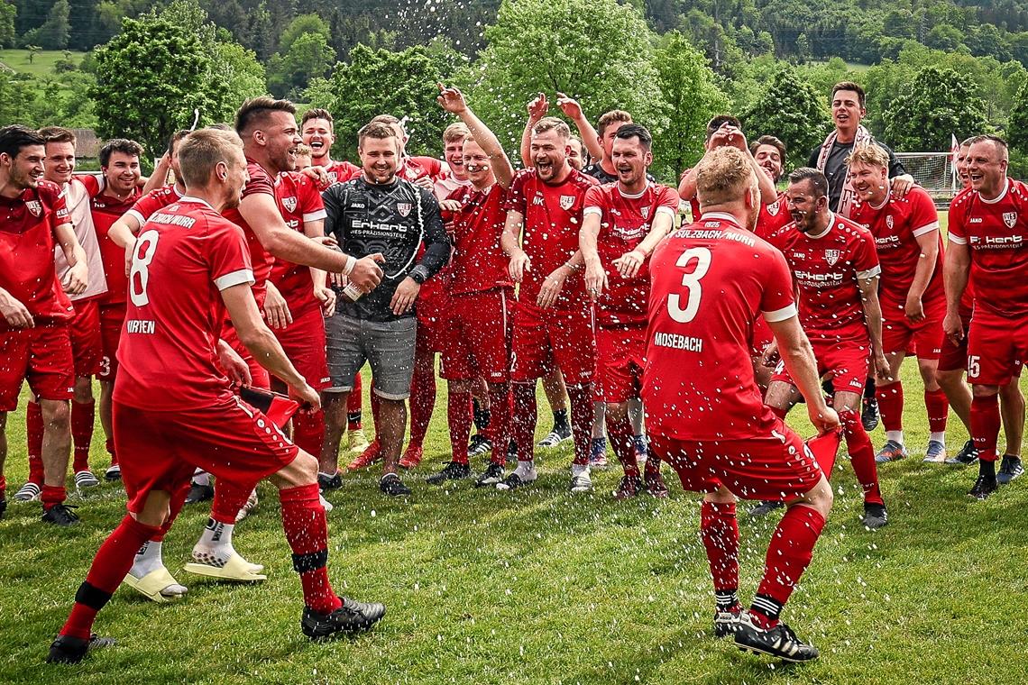 FV Sulzbach steigt mit Topsturm in die Kreisliga A auf Ausgelassen bejubeln die Sulzbacher Fußballer die Doppelmeisterschaft in der Kreisliga B2 und B5. Foto: Alexander Becher
