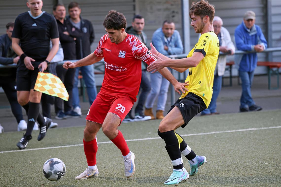TSG Backnang: Zwar etwas holprig, am Ende aber siegreich Backnangs Mannschaft um Raphael Terpsiadis (links) muss viel tun, um sich Außenseiter Frommern zu erwehren. Foto: Alexander Hornauer