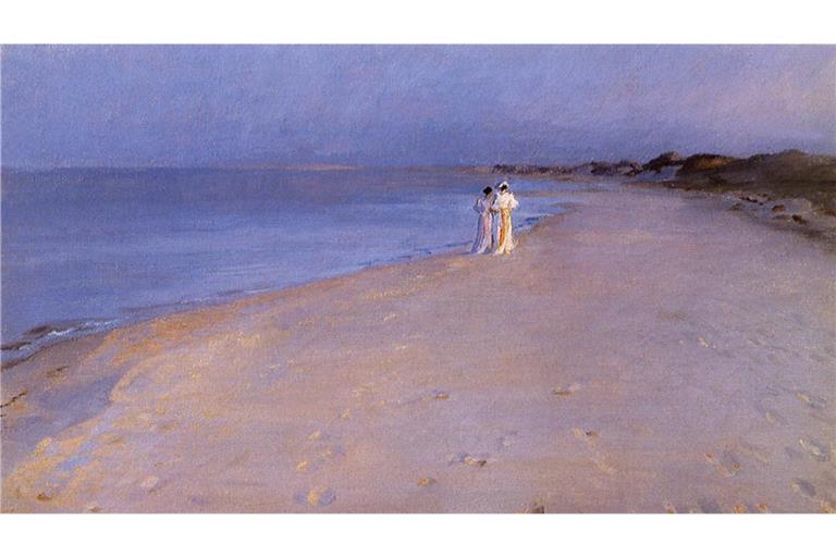 Befallen sind auch  Werke der Skagen-Maler, zu denen etwa „Sommerabend am Südstrand von Skagen“, gehört, gemalt von P. S. Krøyer 1893.