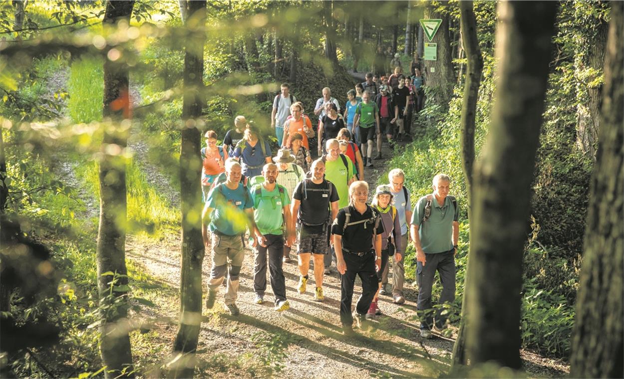Multitalente für nachhaltige Entwicklung Begegnung und Naturerleben im Schwäbisch-Fränkischen Wald: Naturparkführer Walter Hieber (vorne Mitte, in Schwarz) mit der Wandergruppe beim Hörschhof, die sich auf eine 24-Stunden-Tour unter dem Motto „Schlaflos im Schwäbischen Wald“ gemacht hat.