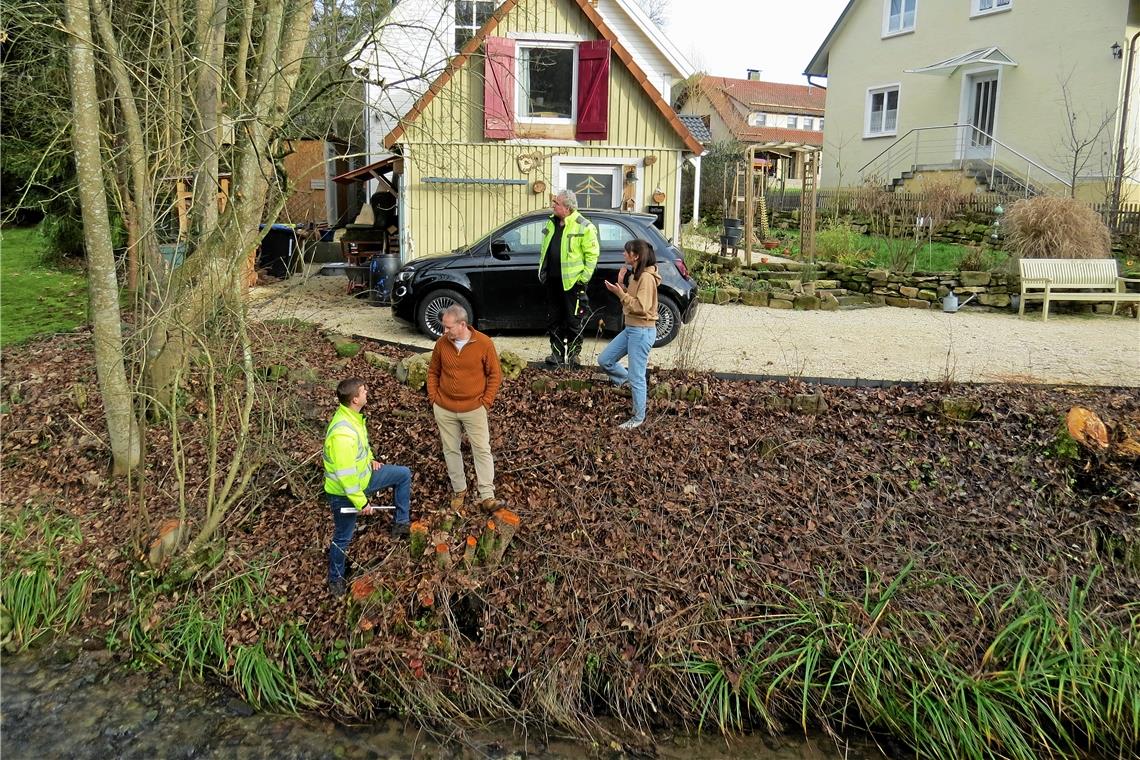 Bei der Besichtigung vor Ort (von links): Falk Gfrörer, Uwe Lenz, Peter Häbich und Tonia Danese auf dem Grundstück beim Seebach. Rechter Hand sieht man den Stumpf der Silberweide, in der Mitte die Stämme der Esche. Foto: Christine Schick