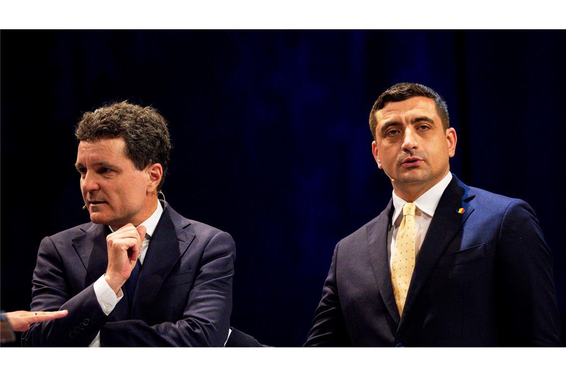 Kopf-an-Kopf-Rennen bei Richtungswahl in Rumänien Bei der Präsidenten-Stichwahl in Rumänien treten der Ukraine-Kritiker George Simion (r.) und der Pro-Europäer Nicusor Dan gegeneinander an.