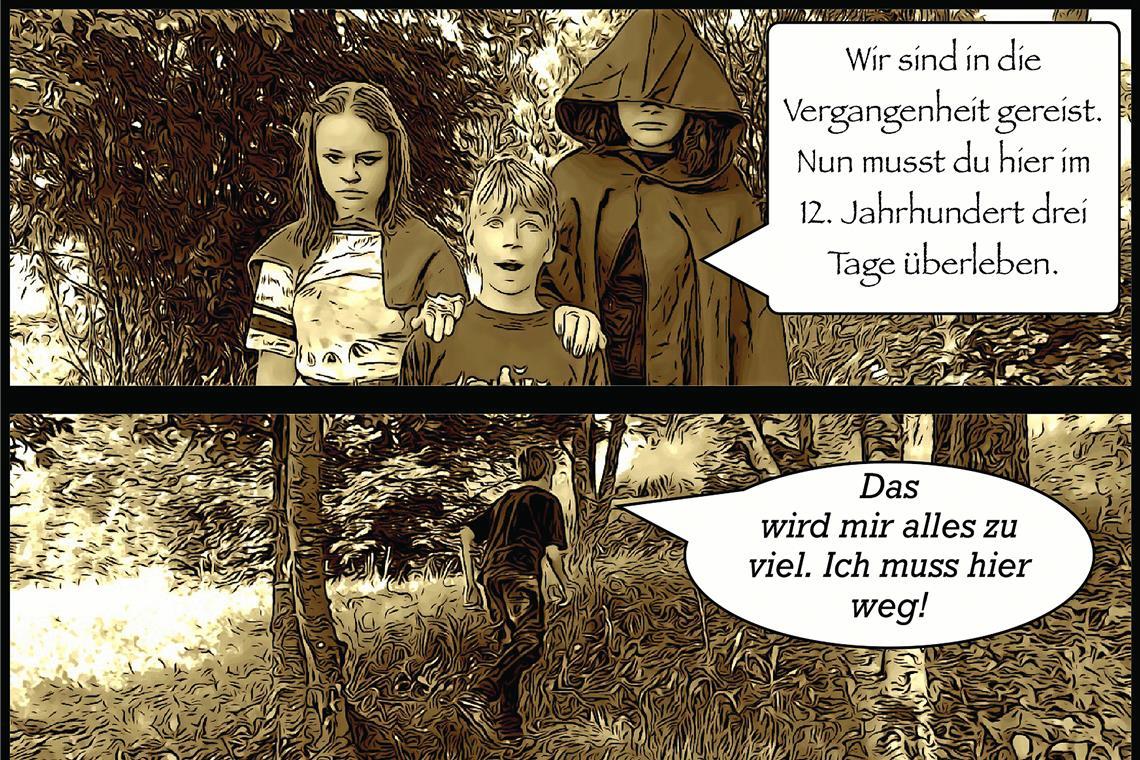 Bei einem Kunstprojekt haben Siebtklässler über Fotos auf dem Schulgelände eine Comicerzählung als Fortsetzungsgeschichte des Zauberlehrlings geschaffen. Grafik: HvZG