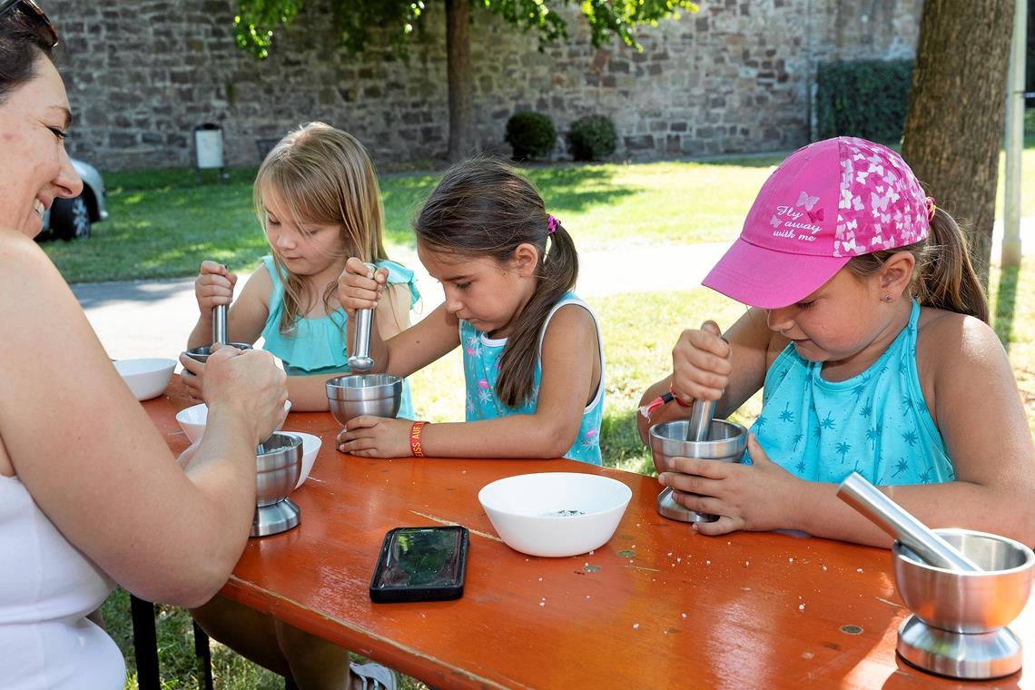 Bei „Kreativ in Grün!“ wird schwer gemörsert (von rechts): Nele, Leni und Madeleine zerreiben Lavendel, Rosenblüten, Zitronenmelisse, Thymian inklusive Meersalz, um ihr eigenes Kräutersalz herzustellen. Foto: J. Fiedler