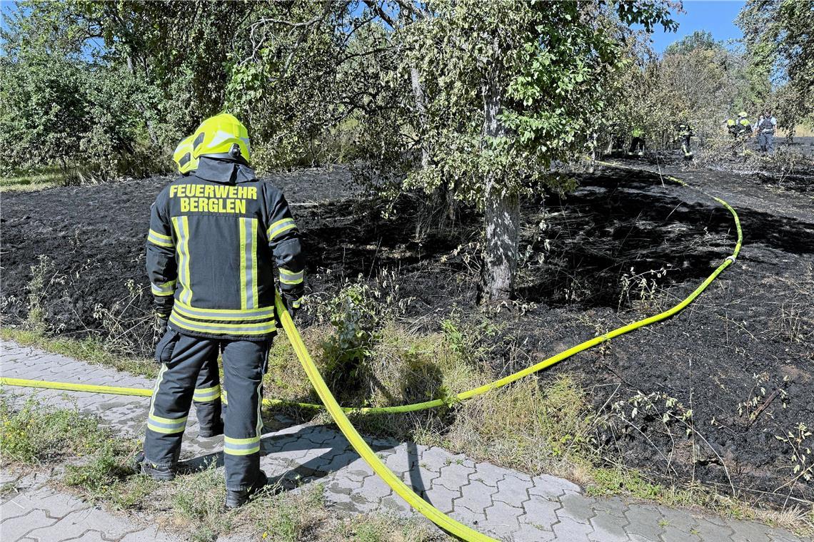 Bei Öschelbronn löschen die Feuerwehrleute einen Brand, von dem 800 Quadratmeter Wiese betroffen waren. Foto: 7aktuell.de/Kevin Lermer