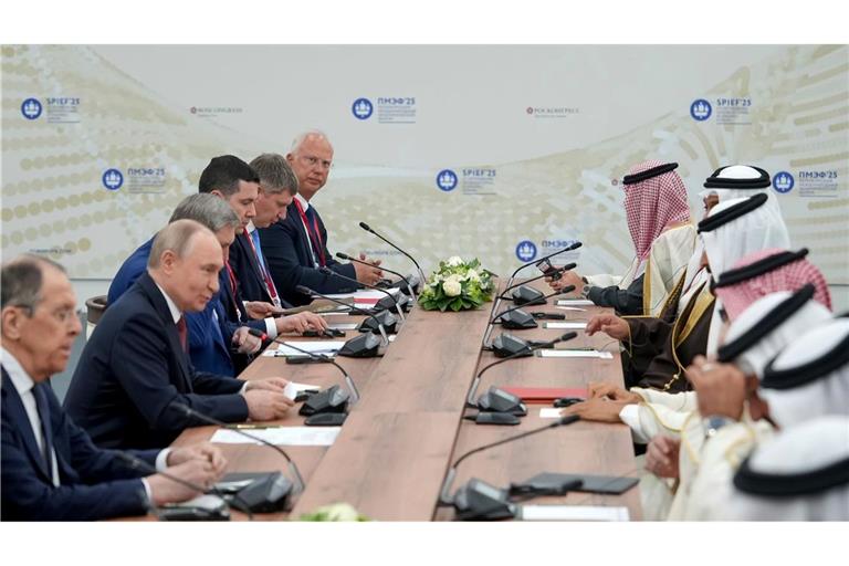 Beim Wirtschaftsforum in Petersburg sucht Putin auch nach internationalen Partnern wie hier bei einem Treffen mit einer Delegation aus Bahrain.