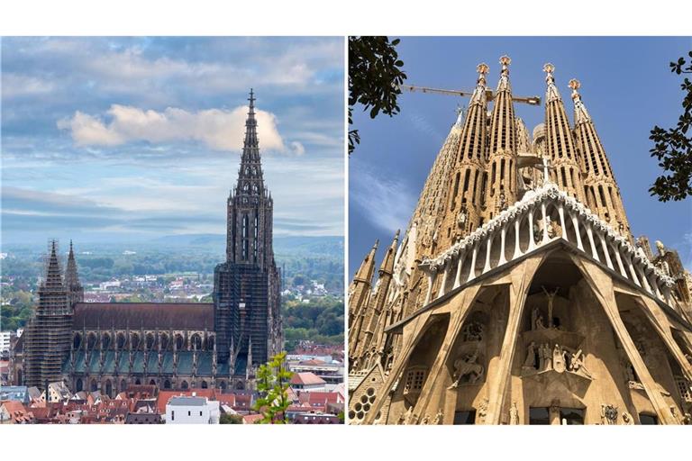 Ulm hat nicht mehr den höchsten Kirchturm der Welt Blick auf das Ulmer Münster (links) und der neue höchste Kirchturm der Sagrada Família in Barcelona (rechts). (Archivbild).