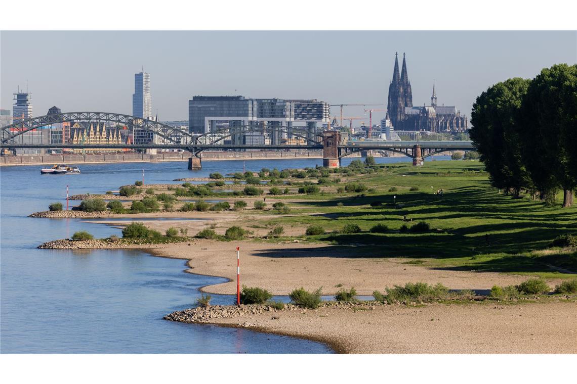 Sitzt Deutschland bald auf dem Trockenen? Blick auf den Rhein bei Köln: An 80 bis 90 Prozent aller Flusspegel in Deutschland herrschte im Hochsommer 2025 Niedrigwasser, auch schon im Früjahr gab es ausgeprägte Trockenheitsperioden.