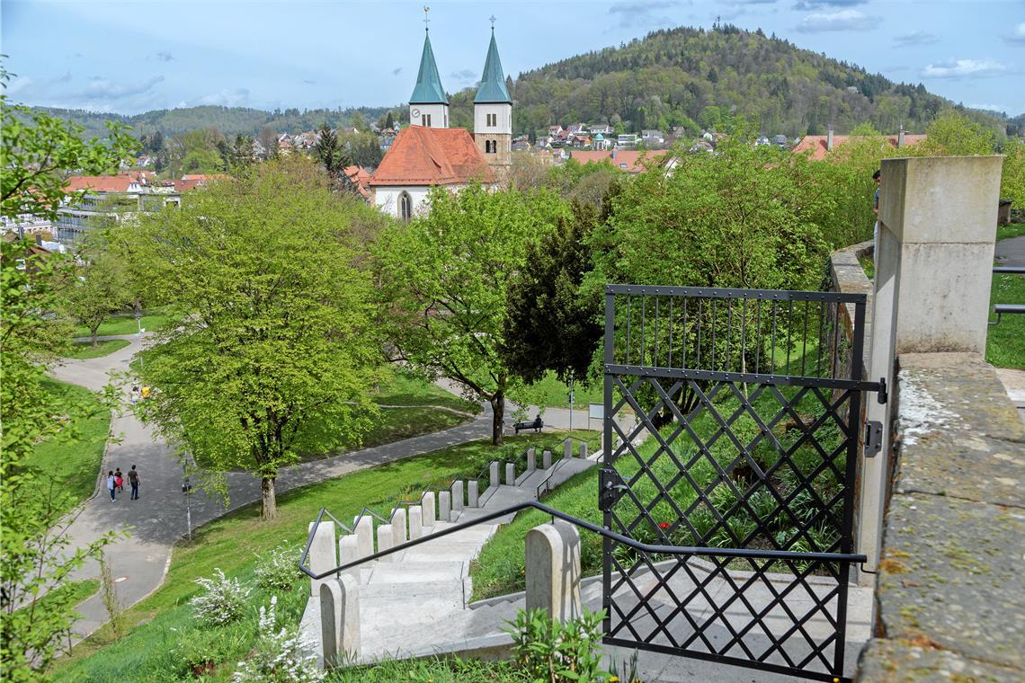 Blick auf die neue Pilgertreppe, die über den Walterichshügel nach oben zur Kirche führt.