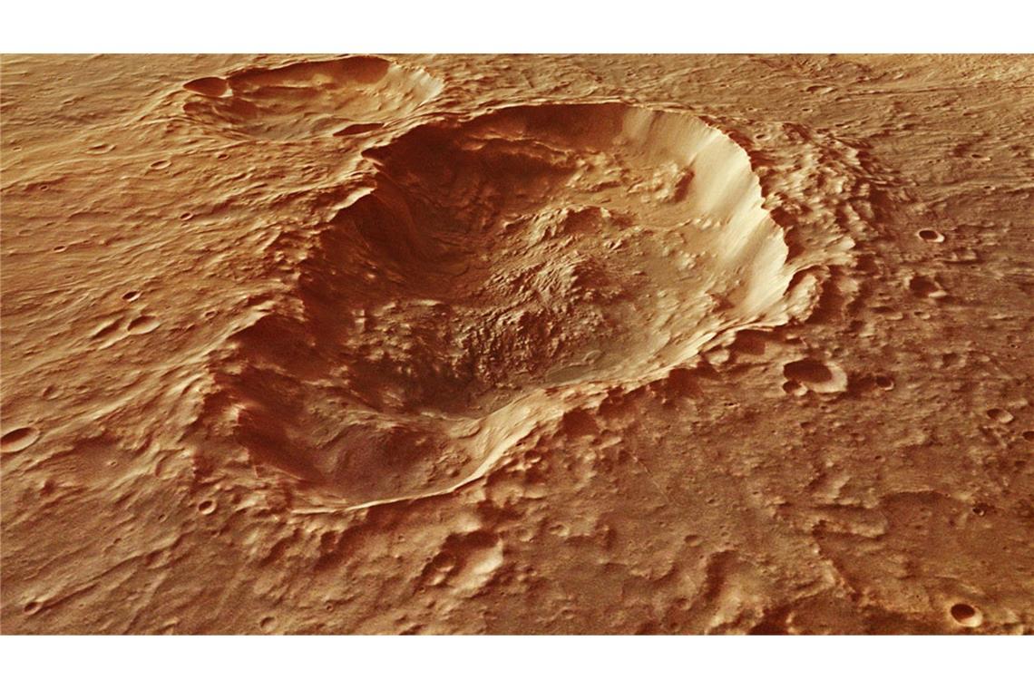 Hatte der Mars einst heiße Quellen? Blick auf einen Einschlagskrater im Gebiet Terra Sirenum auf dem Mars. Dort könnte es in der Frühzeit des Mars heiße Quellen gegeben haben, wie Mineralkörnchen in einem Marsmeteoriten nahelegen.