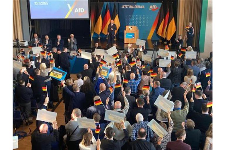 Blick in die Stadthalle Museum: Markus Frohnmaier auf der Bühne, Deutschland-Flaggen und Fähnchen.