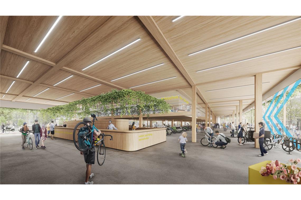 Langlebig und ressourcensparend – diese Stuttgarter Architektur schont die Umwelt Blick ins geplante Innenleben des Mobilitäts-Hubs – mit viel Holz und Platz für ein Café und eine Fahrradreparaturwerkstatt.