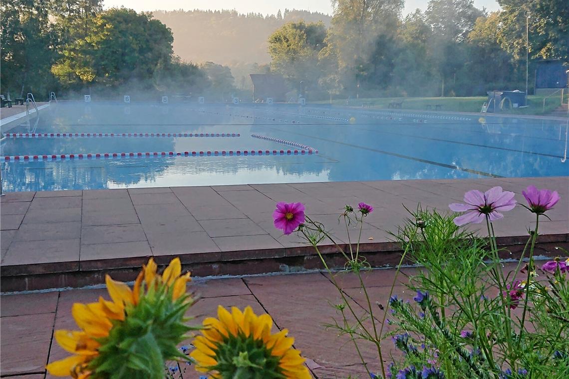 Saison um drei Tage verlängert Blumenpracht und morgendliche Ruhe: Das Freibad erwacht an einem Spätsommertag. Foto: privat