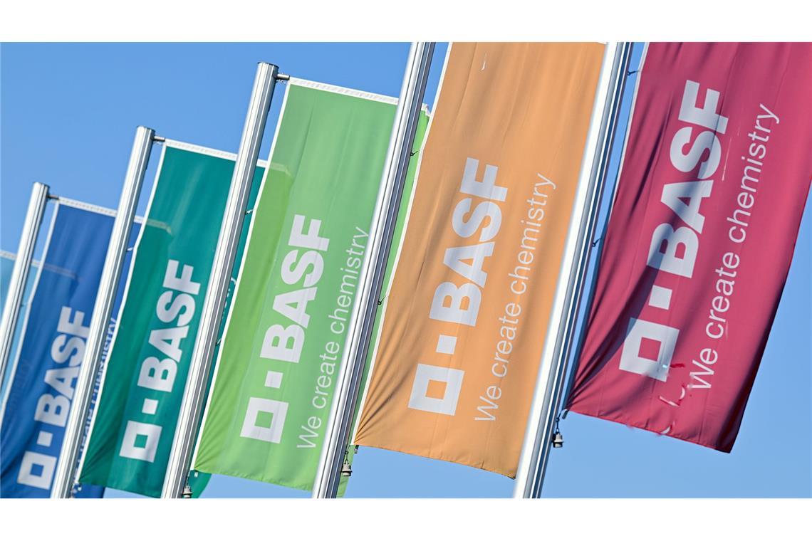 Bunte Flaggen vor einem Betriebsgebäude in Ludwigshafen. (Archivbild)