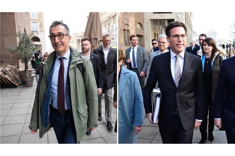 Cem Özdemir (Bündnis 90/Die Grünen, links), Spitzenkandidat der Grünen in Baden-Württemberg und Manuel Hagel (CDU, rechts), Vorsitzender der CDU Baden-Württemberg.