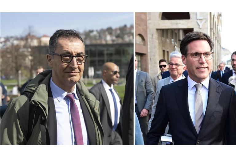 Cem Özdemir und Manuel Hagel in den vergangenen Wochen auf dem Weg zu Sondierungsgesprächen. Nach Ostern soll es weitergehen.