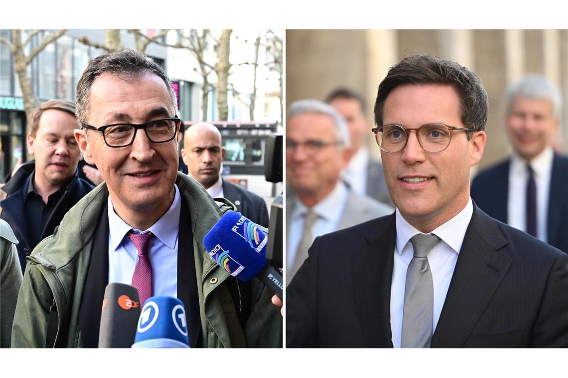 Cem Özdemir und Manuel Hagel (re.) auf dem Weg zu den Sondierungsgesprächen.