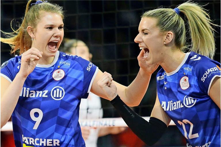 Da jubelten sie noch für Allianz MTV Stuttgart: Eline Timmerman (links) und Britt Bongaerts