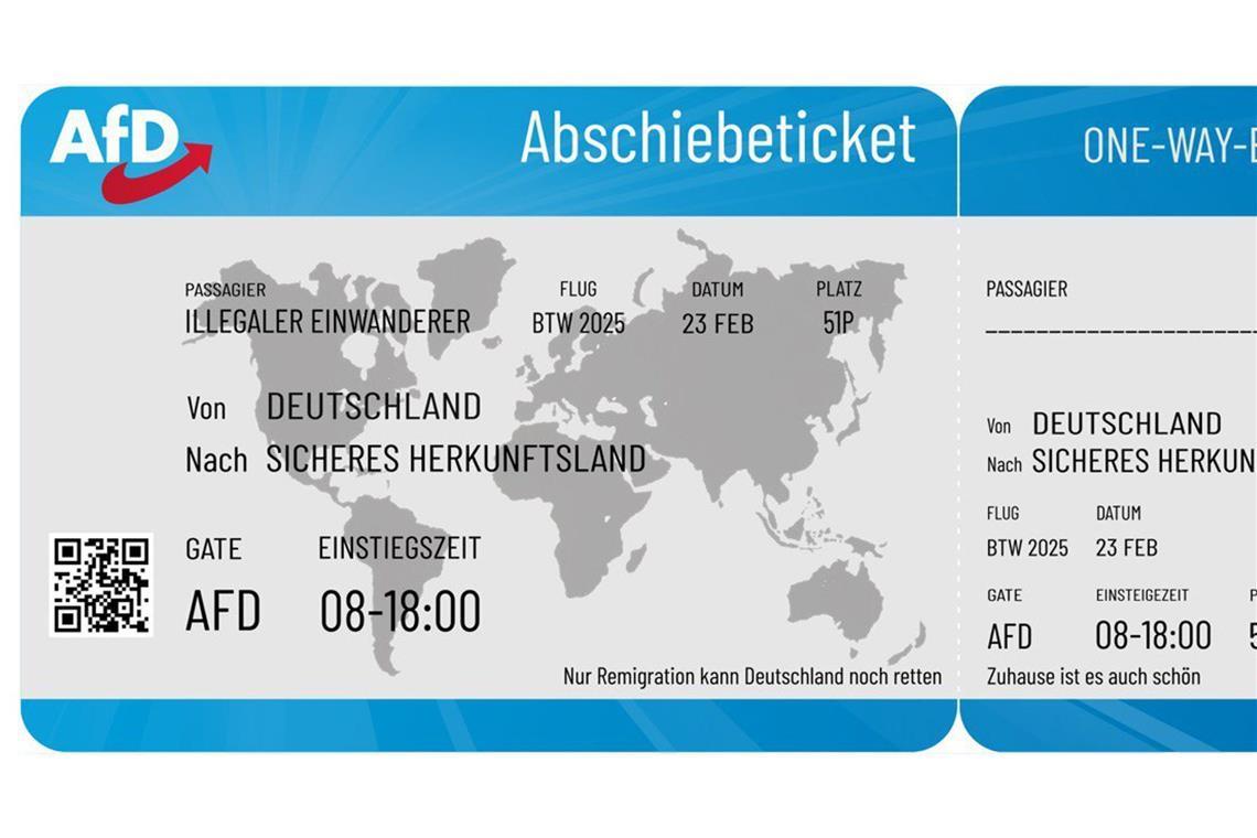 „Menschenfeindliche Rhetorik“ – AfD-Wahlwerbung sorgt für Empörung Das „Abschiebeticket“ der AfD in Form eines Flugtickets.