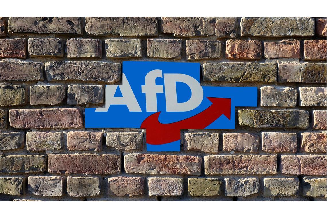 Das AfD-Logo hinter einer durchbrochenen Brandmauer (Fotomontage).