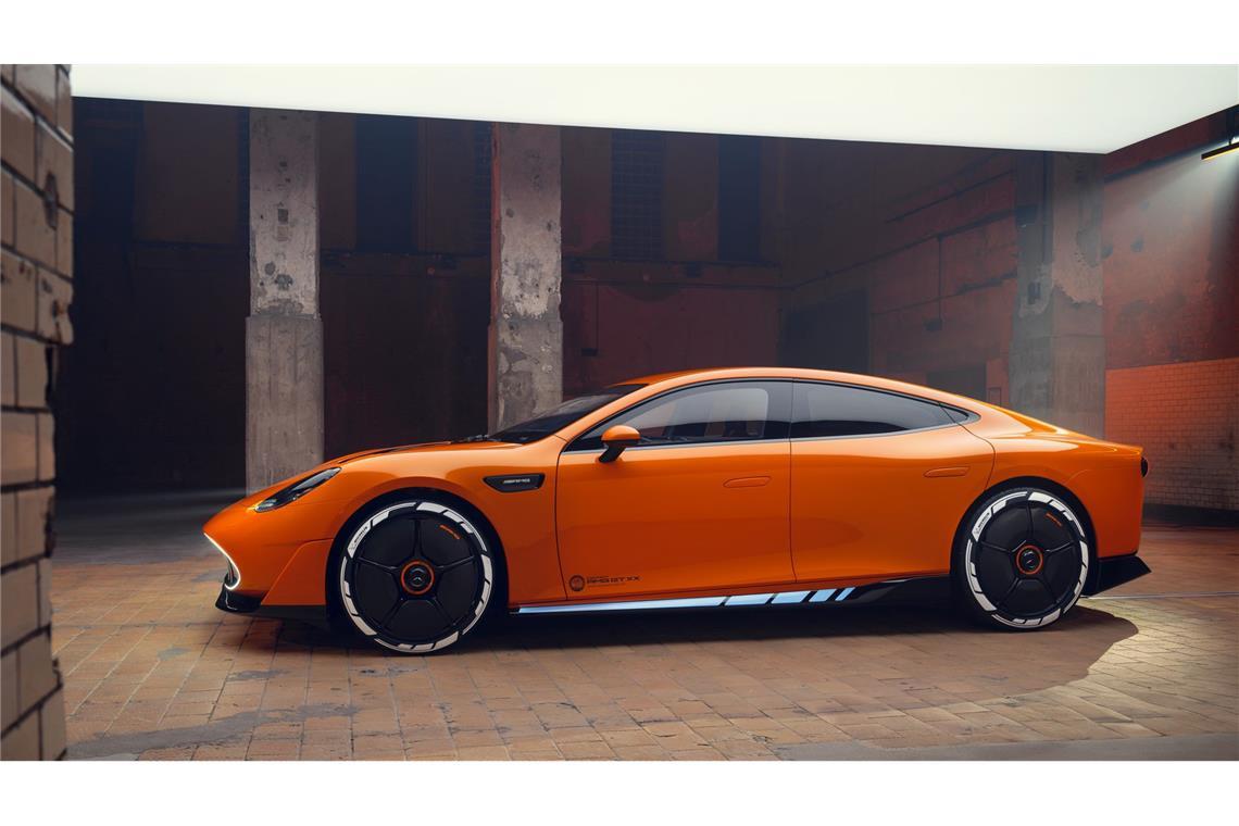 So sieht der elektrische Mercedes-AMG GT XX aus Das Auto verfügt über Räder mit aktiven Aero-Elementen zur optimierten Bremskühlung. Jedes Rad hat ein autarkes System, das bei Bedarf Aeroblades öffnet, um Kühlluft zu den Bremsen zu leiten.