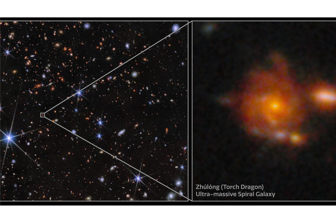 Im jungen Kosmos existierte ein Zwilling der Milchstraße Das Bild von Zhúlóng, der am weitesten entfernten Spiralgalaxie, die bisher entdeckt wurde. Sie weist bemerkenswert gut definierte Spiralarme, einen zentralen alten Bulge und eine große Sternentstehungsscheibe auf, die der Struktur der Milchstraße ähnelt.