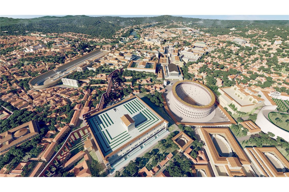 Das computergenerierte Bild zeigt eine Luftaufnahme des antiken Roms im Jahr 320 n. Chr. mit dem Kolosseum (Mitte) als 3D-Rekonstruktion „Rome Reborn 4.0“.